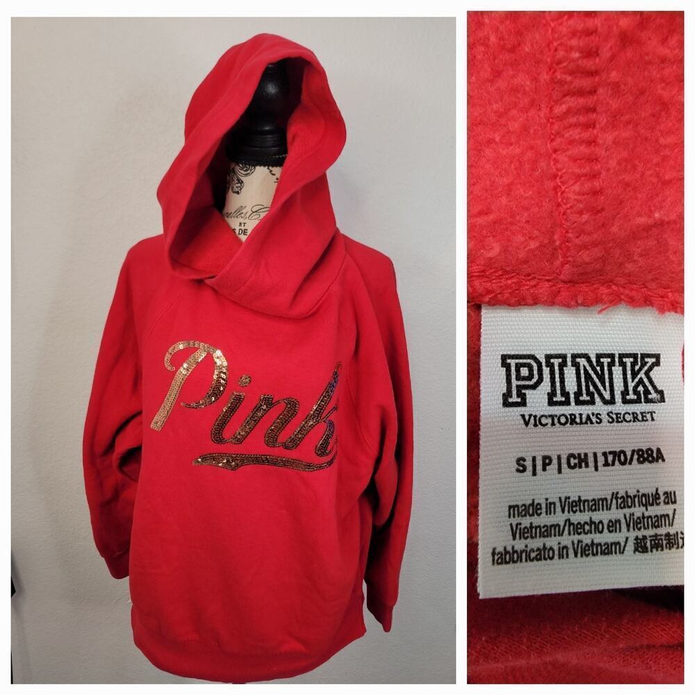 Victorias Secret Pink Hooded Sweater SZ Small Bling Sequin Hoodie Red Y2K 90's